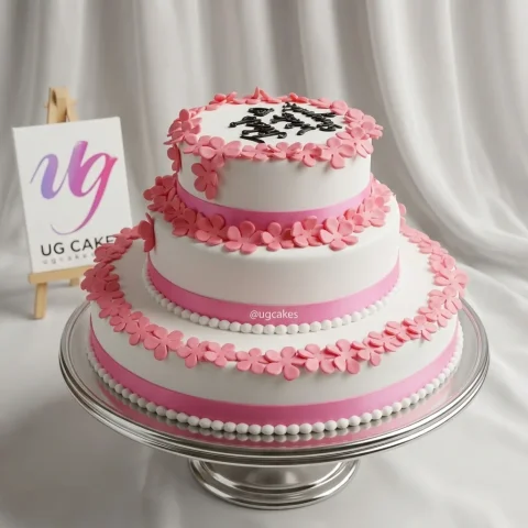 Elegant Triple Tiered White Wedding Cake with Red Floral Decorations
