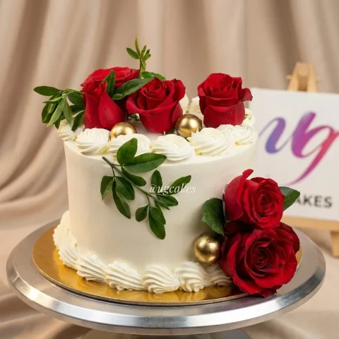 Off Yellow Wedding Cake with Red Roses