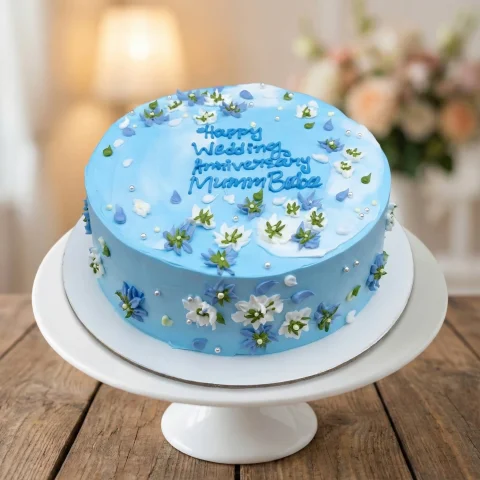 Pretty Anniversary Cake with Flower Designs and Pearls