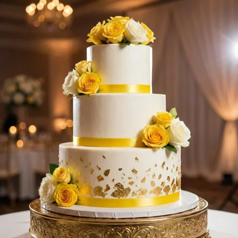 Wedding Cake with White & Yellow Roses