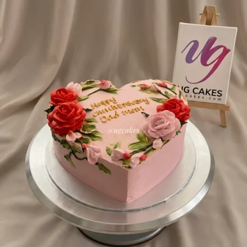 Pink Heart Shaped Cake with Red and Pink Rose