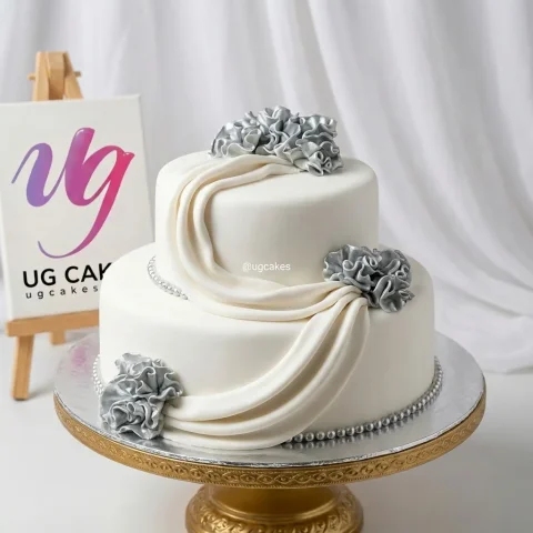 Elegant Double Decker Fondant Cake with Flower Lace