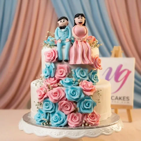White Fondant Cake with Pink and Blue Floral Design, Pretty Bride Groom on Top