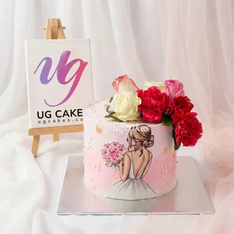 Wedding Cake with Rose Pearls with Lady on Icing