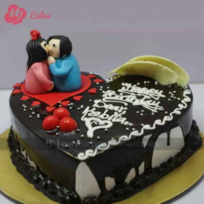 Heart-shaped Chocolate Cake with Couple Cake Topper