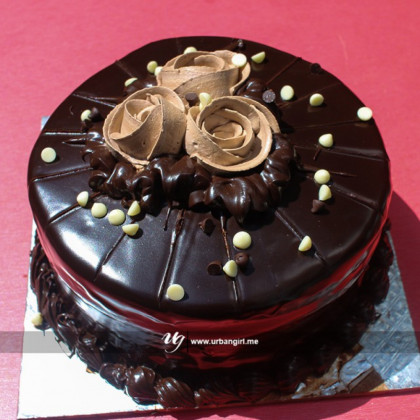 Chocolate Cake with Roses and Topped with Dark and White Chocolate Chips