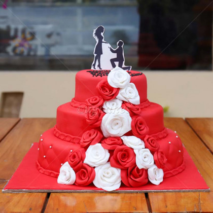 Triple Decker Red Fondant Cake With Roses