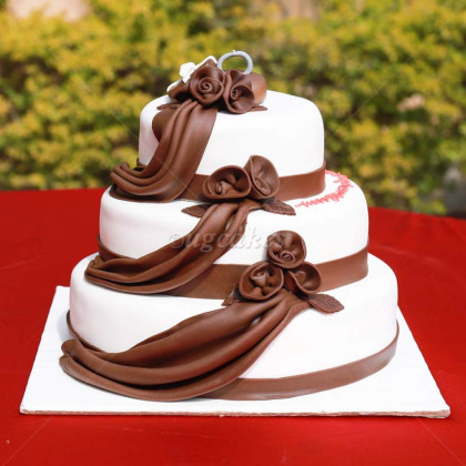 Triple Decker Engagement Cake in Brown Theme with Fondant Ring