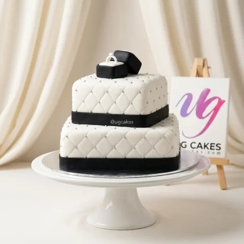 Double Decker Square Cake with Ring Box and Pearl Pattern