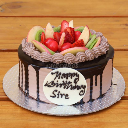 Chocolate cake with topping fruits & Caramel