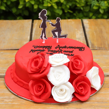 Red Fondant Anniversary Cake With Roses