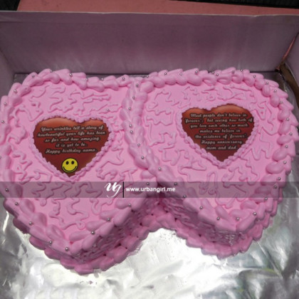“Love's Sweet Embrace: Heart-shaped Wedding Cake with Words of Love”