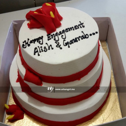 Engagement Celebration Cake with Triple Decker Layers and Red Flower Petals