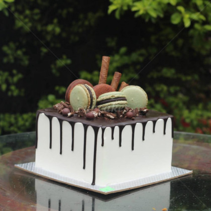 Chocolate Cake with pie and macaroon
