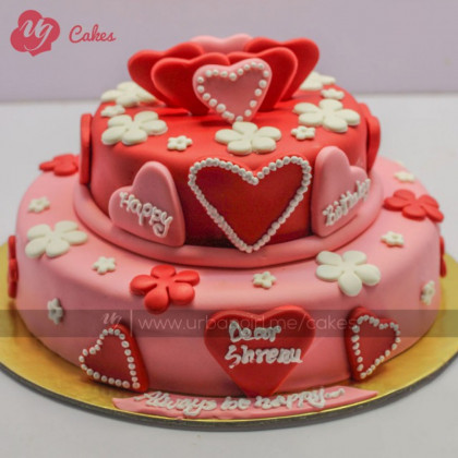 Double Decker Birthday Cake with Heart Engravings