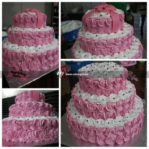 Pink Rose Engraved Triple Decker Wedding Cake