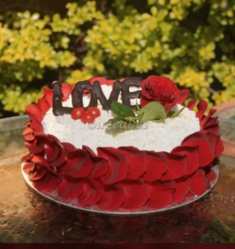 Love Themed Cake with Fresh Red Rose's Petals