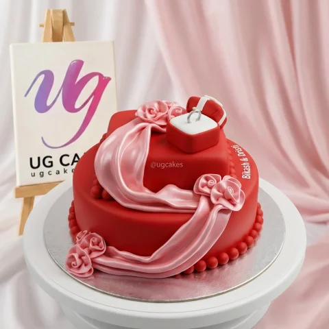Engagement Red Velvet Cake with Double-Decker Design, Bridal Dress Pattern, and Ring Box Surprise