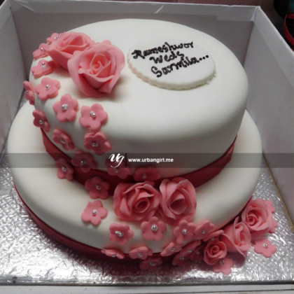Double Decker Wedding Cake with Rose Ribbon