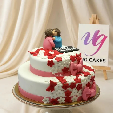 Double Decker Anniversary Cake with Fondant Icing and Ribbons