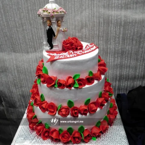 Romantic Bliss Wedding Cake with Couple Figurine and Roses
