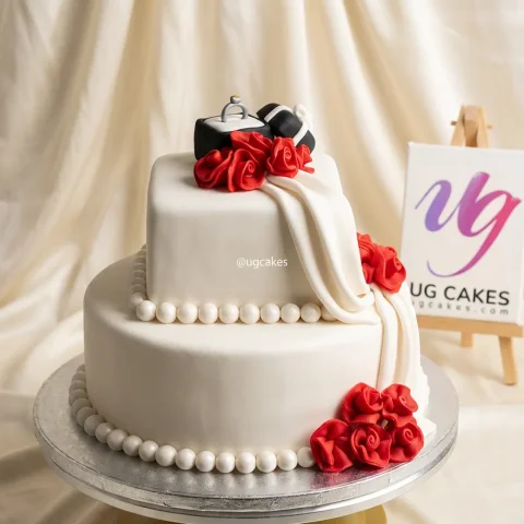 Elegant White Wedding Cake with Ring Box and Red Flowers