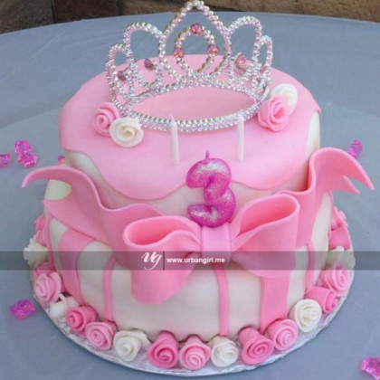 Double Decker Birthday Cake with Ribbons, Flowers, and Crown