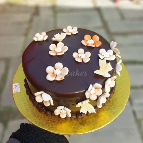 Edible Fondant Butterfly and Flower Dark Ganache Cake